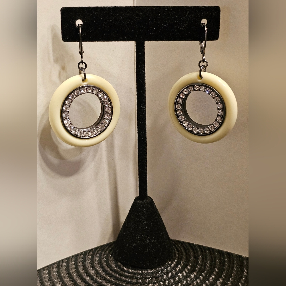 Kenneth Jay Lane for QVC- Round Dangle Ivory/Rhinestone Earrings in Black Metal